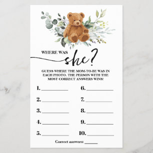 Bear Greenery Where was Mum to be Shower Game Card