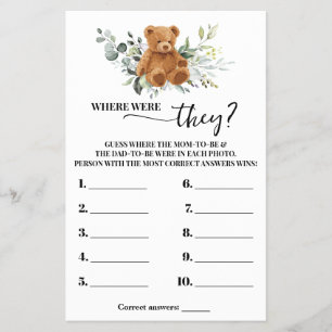 Bear Greenery Where were They Shower Game Card