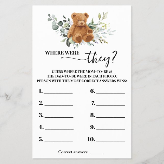Bear Greenery Where were They Shower Game Card (Front)