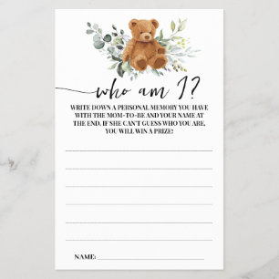 Bear Greenery Who am I Baby Shower Game Card