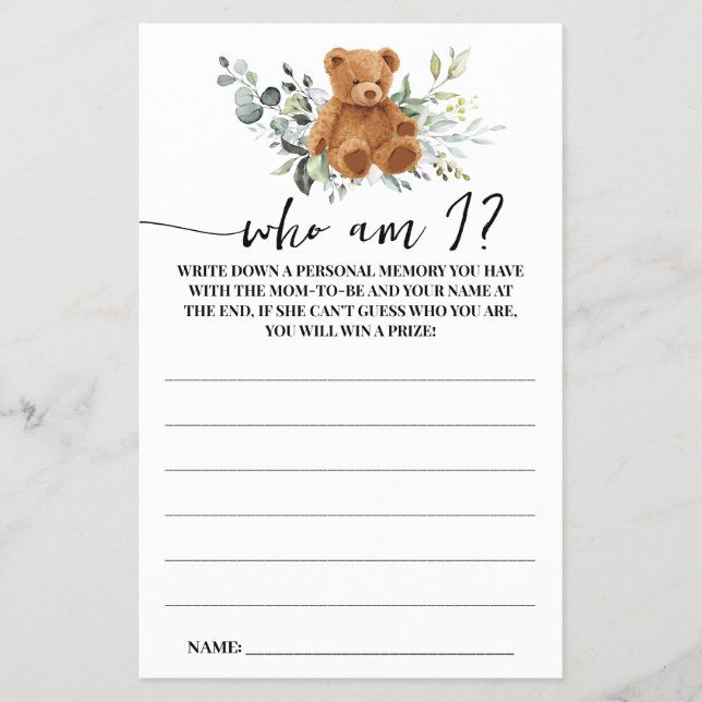 Bear Greenery Who am I Baby Shower Game Card (Front)