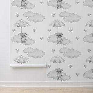 Bear Grey Umbrella Clouds Hearts Neutral Baby Wallpaper