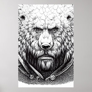 Bear Grizzly Wild Nature Illustration Line Epic Poster