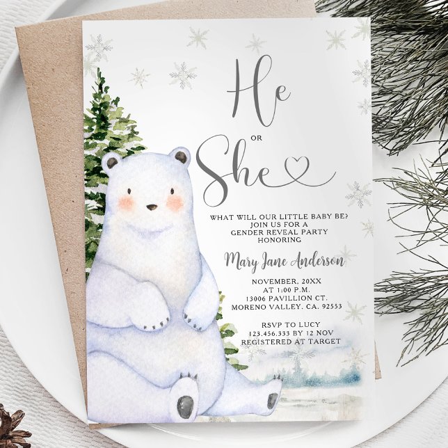 Bear He or She Evergreen Winter Gender Reveal Invitation (Creator Uploaded)