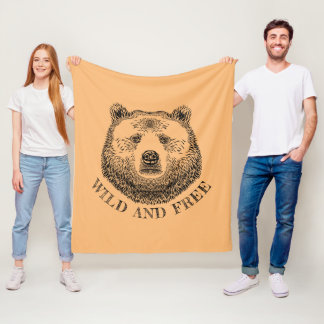 Bear Head, Wild And Free, Hand Drawn Illustration Fleece Blanket