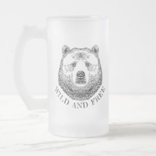 Bear Head, Wild And Free, Hand Drawn Illustration Frosted Glass Beer Mug