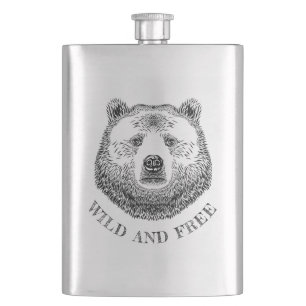 Bear Head, Wild And Free, Hand Drawn Illustration Hip Flask