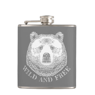 Bear Head, Wild And Free, Hand Drawn Illustration Hip Flask
