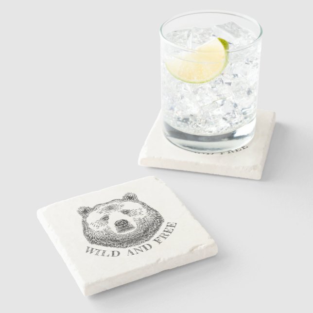 Bear Head, Wild And Free, Hand Drawn Illustration Stone Coaster (Side)