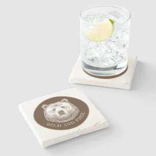 Bear Head, Wild And Free, Hand Drawn Illustration Stone Coaster