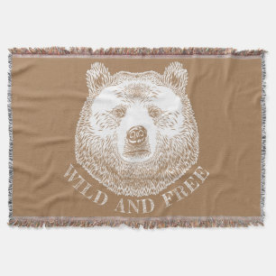 Bear Head, Wild And Free, Hand Drawn Illustration Throw Blanket