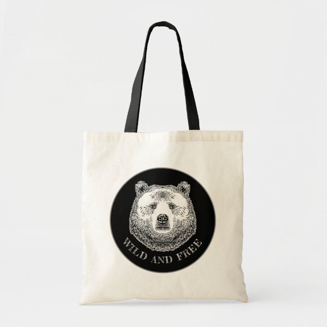 Bear Head, Wild And Free, Hand Drawn Illustration Tote Bag (Front)