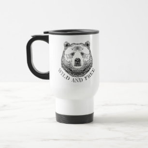 Bear Head, Wild And Free, Hand Drawn Illustration Travel Mug