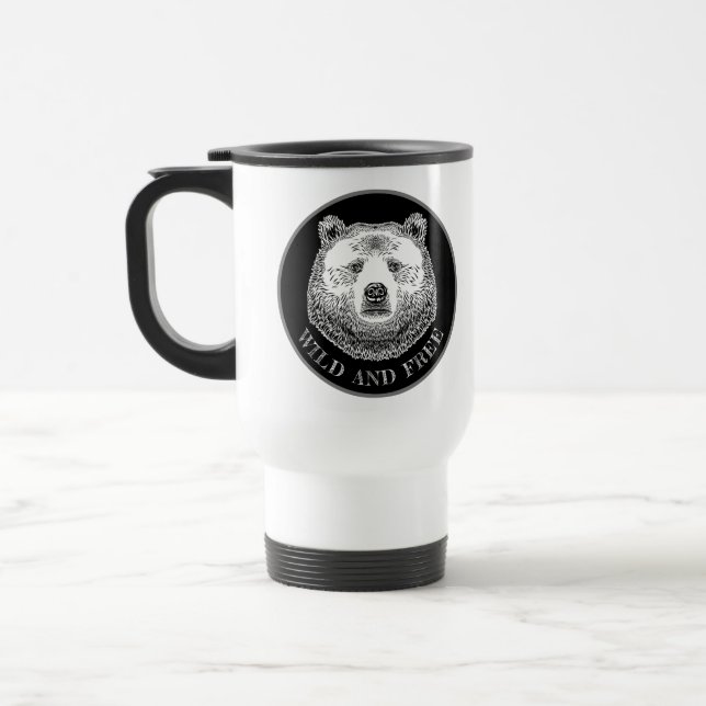 Bear Head, Wild And Free, Hand Drawn Illustration Travel Mug (Left)