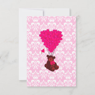 Bear & heart balloons on pink damask