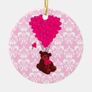 Bear & heart balloons on pink damask ceramic tree decoration