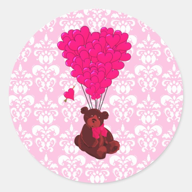 Bear & heart balloons on pink damask classic round sticker (Front)