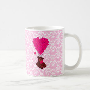 Bear & heart balloons on pink damask coffee mug