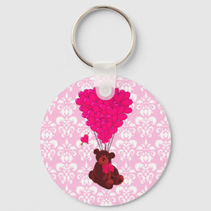 Bear & heart balloons on pink damask key ring