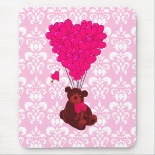 Bear & heart balloons on pink damask mouse mat