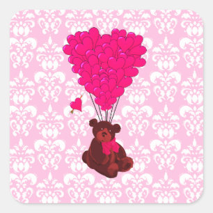 Bear & heart balloons on pink damask square sticker