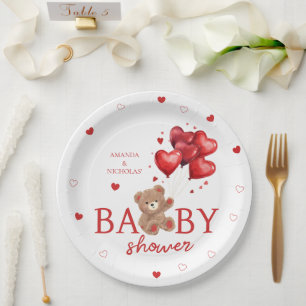Bear Heart Balloons red Baby Shower Paper Plate