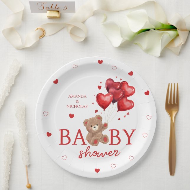 Bear Heart Balloons red Baby Shower Paper Plate (Wedding)