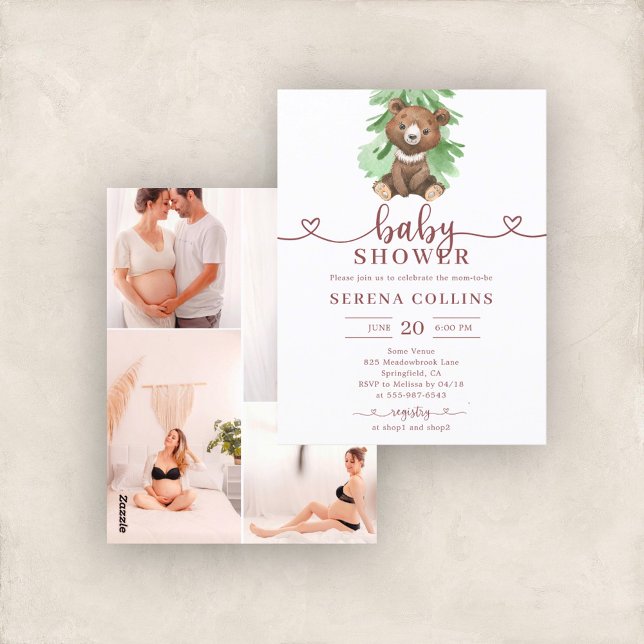 Bear Heart Calligraphy 4 Photo Baby Shower Postcard (Creator Uploaded)