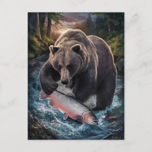 Bear holding a shimmering fish  postcard