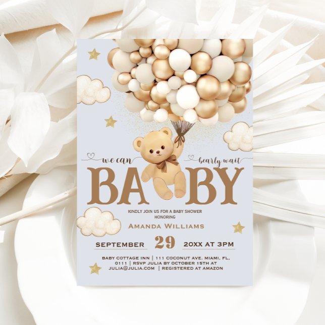 Bear holding Balloons Dusty Blue Baby Boy Shower Invitation (Creator Uploaded)