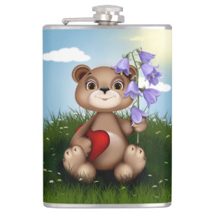 Bear Holding Bouquet Flower-30926 Hip Flask