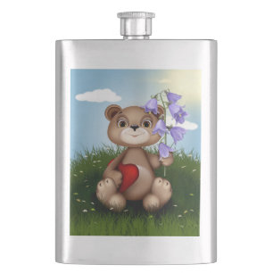 Bear Holding Bouquet Flower-30926 Hip Flask