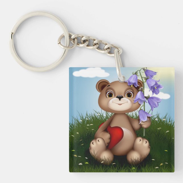 Bear Holding Bouquet Flower-30926 Key Ring (Front)