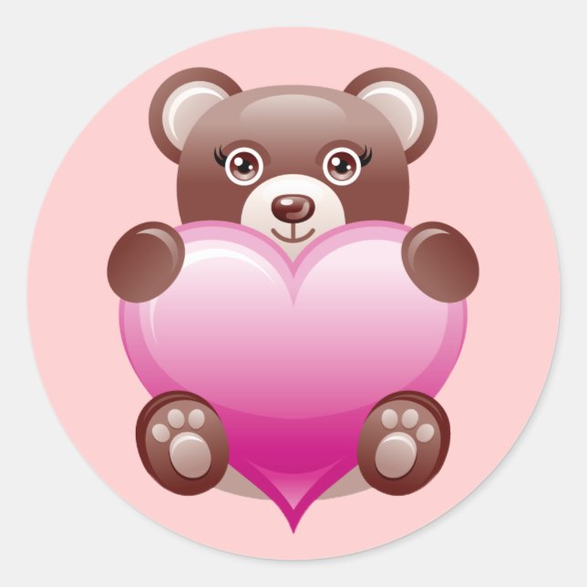 BEAR HOLDING PINK HEART CLASSIC ROUND STICKER (Front)