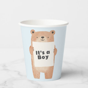 Bear holding sign cute blue baby shower paper cups