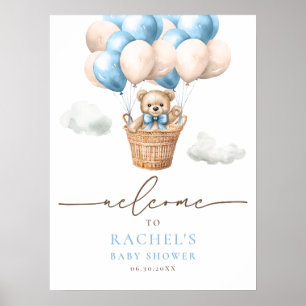Bear Hot Air Balloon Baby Boy Shower Welcome Poster