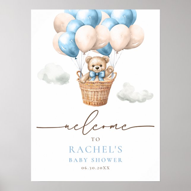 Bear Hot Air Balloon Baby Boy Shower Welcome Poster (Front)
