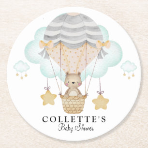 Bear Hot Air Balloon Baby Shower  Round Paper Coaster