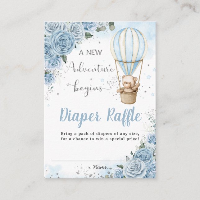 Bear Hot Air Balloon Blue Floral Diaper Raffle Enclosure Card (Front)