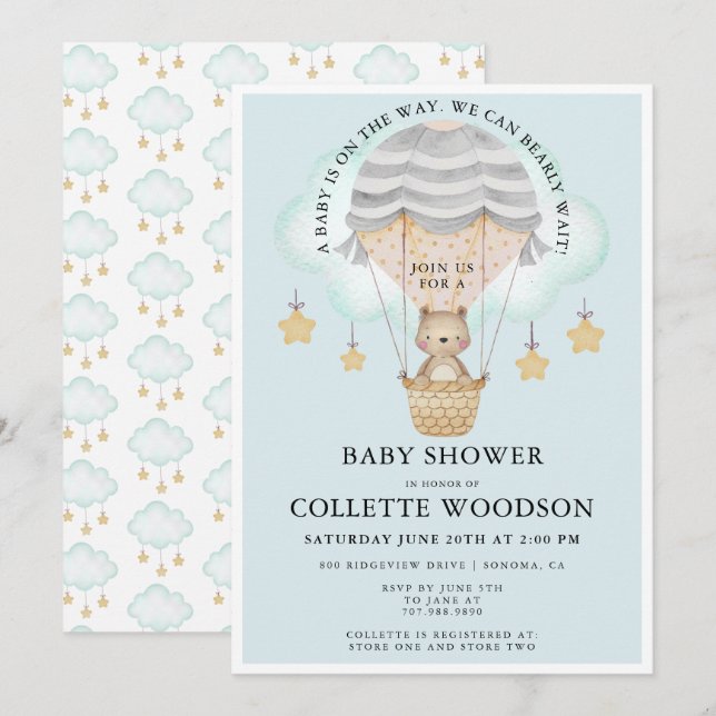 Bear Hot air Balloon Boy Baby Shower Invitation (Front/Back)