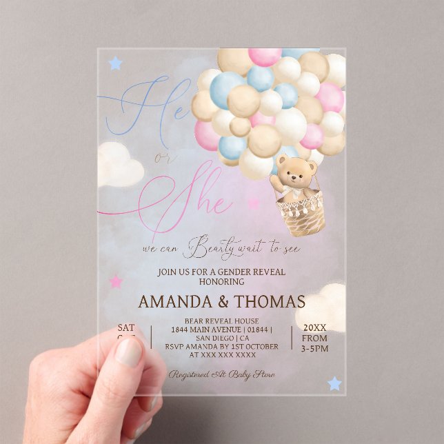 Bear Hot Air Balloon Gender Reveal Acrylic Invitations (Insitu (Handheld))