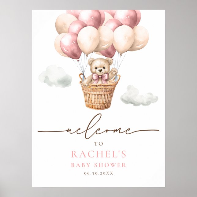 Bear Hot Air Balloon Girl Baby Shower Welcome Poster (Front)