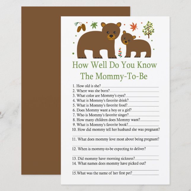 Bear How well do you know baby shower game (Front/Back)
