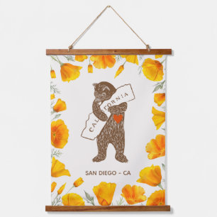 Bear Hugging California Map Poppies Custom Hanging Tapestry