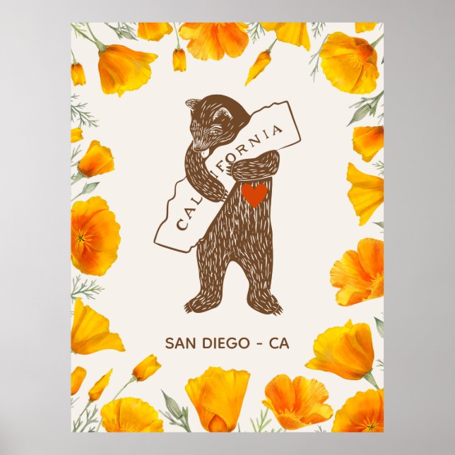 Bear Hugging California Map Poppies Custom Poster (Front)