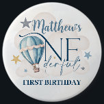 Bear in a Balloon 1st Birthday Round Badge<br><div class="desc">Celebrate your little one’s ONEderful 1st birthday with our Bear in a Balloon round badge! Featuring an adorable bear floating in a hot air balloon design, this customizable badge is the perfect accessory for parents, siblings, or party guests. Available in five sizes ranging from 3 cm to 15.2 cm in...</div>