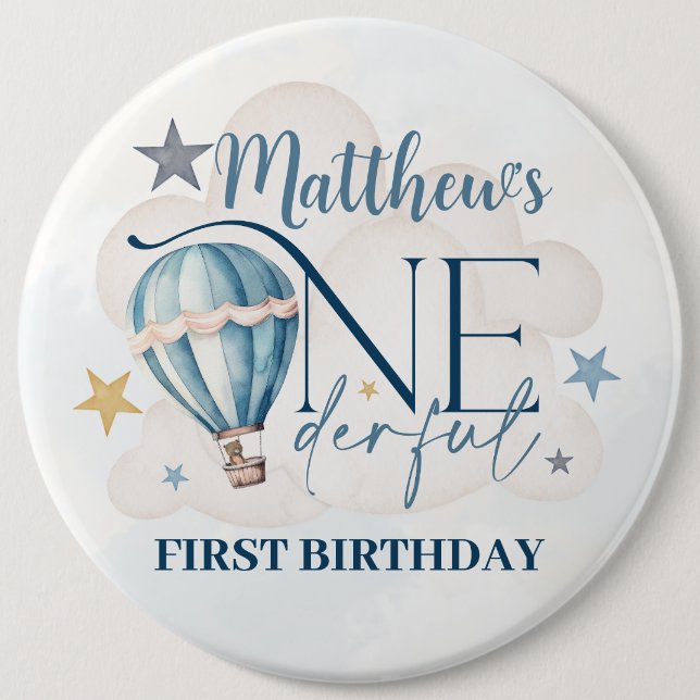 Bear in a Balloon 1st Birthday Round Badge (Front)