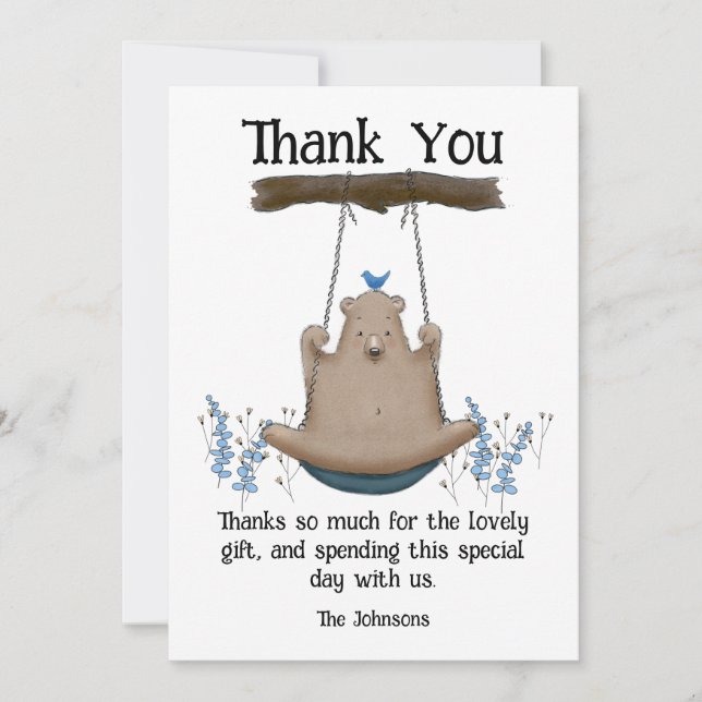 Bear In A Swing Birthday, Personalizable  Thank You Card (Front)