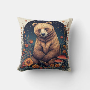 Bear in Colourful Forest With Stars and Mushrooms Cushion