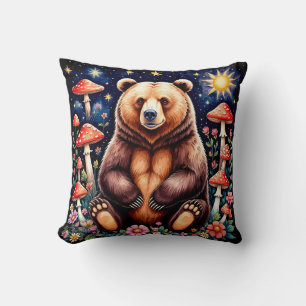 Bear in Colourful Forest With Stars and Mushrooms Cushion